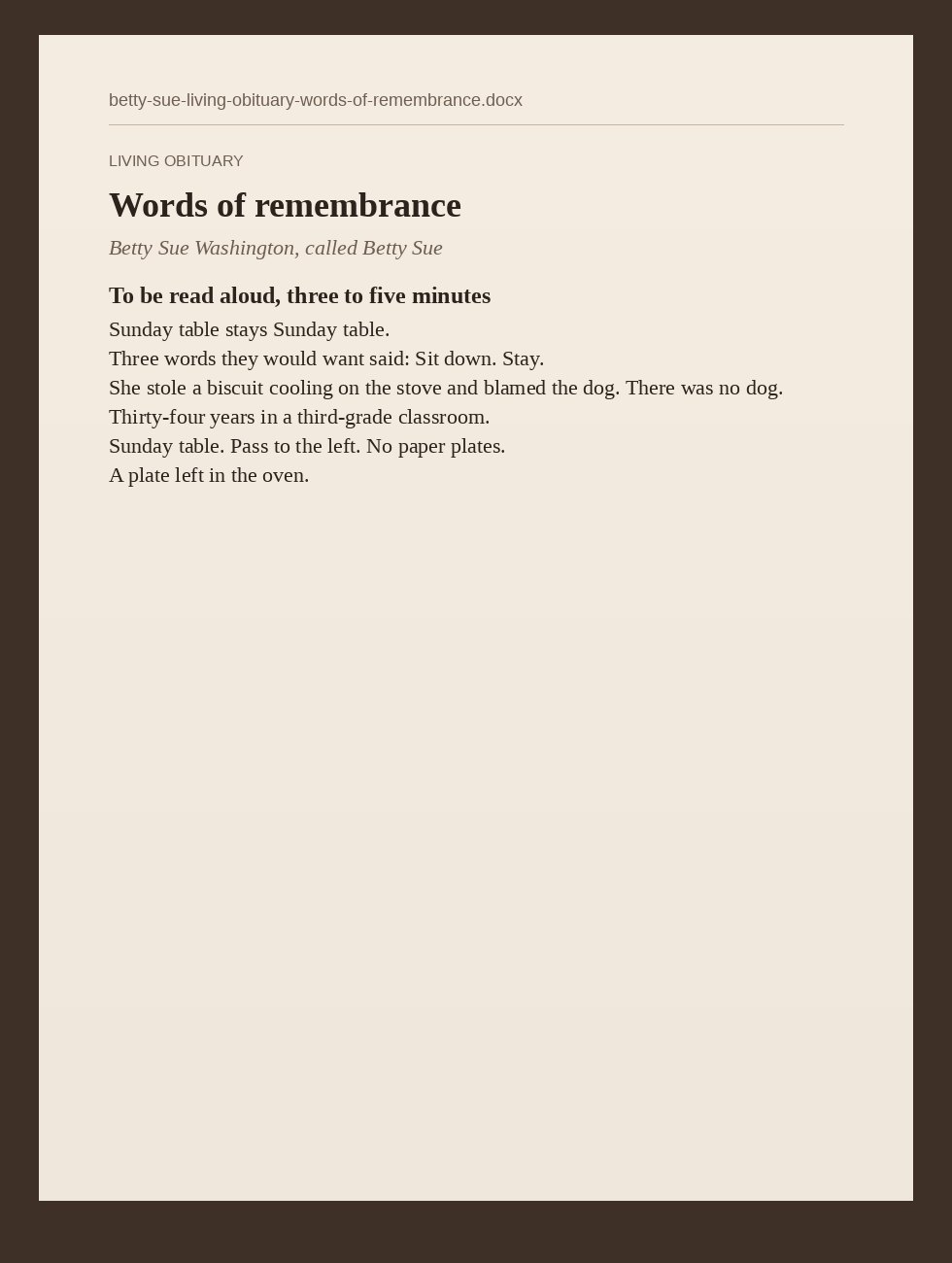 Betty Sue’s words of remembrance as a Word document